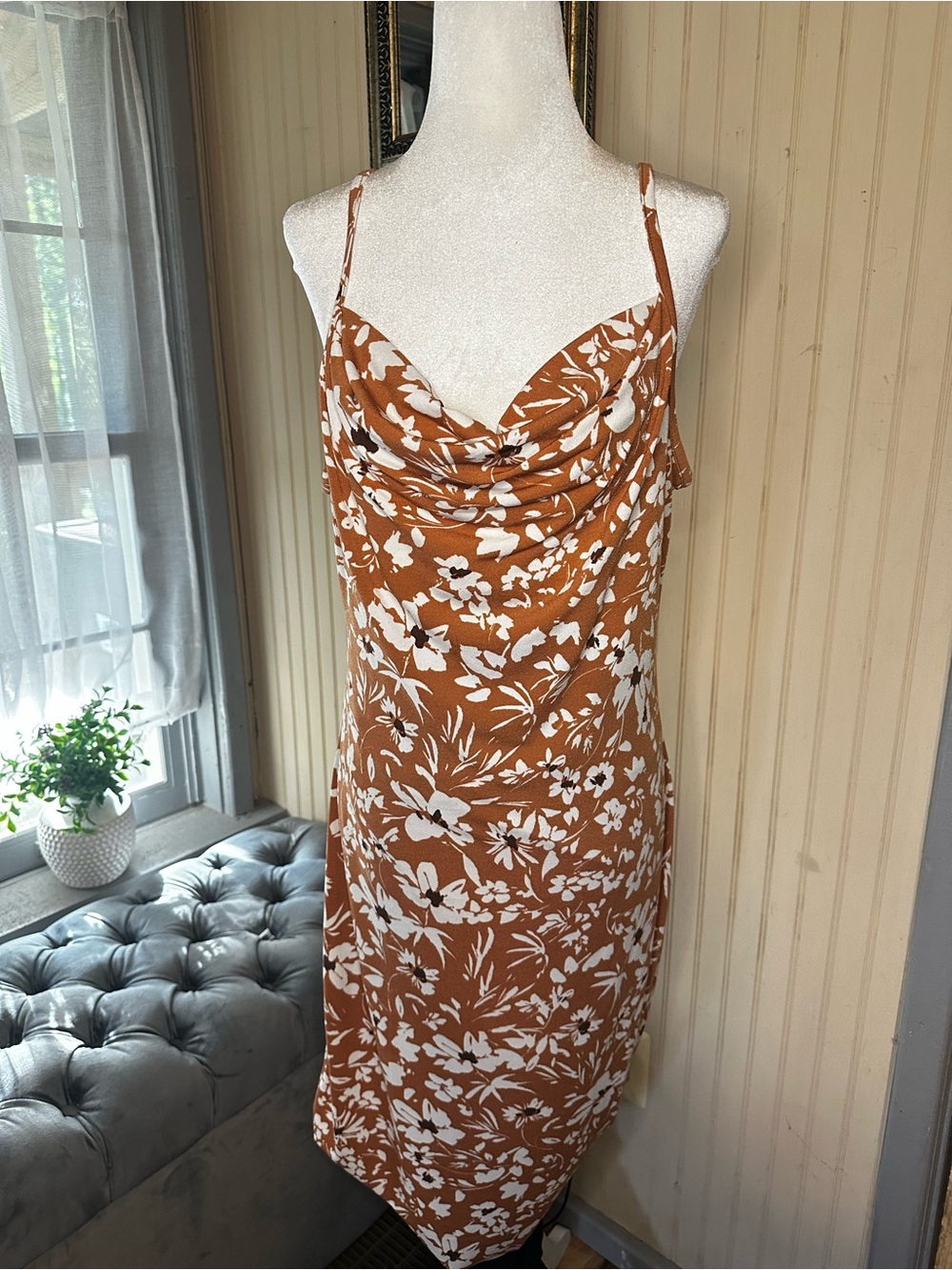 Joie Brown Floral Slip Dress Cowl Neck Brunch Soft Girl Lined Women’s M